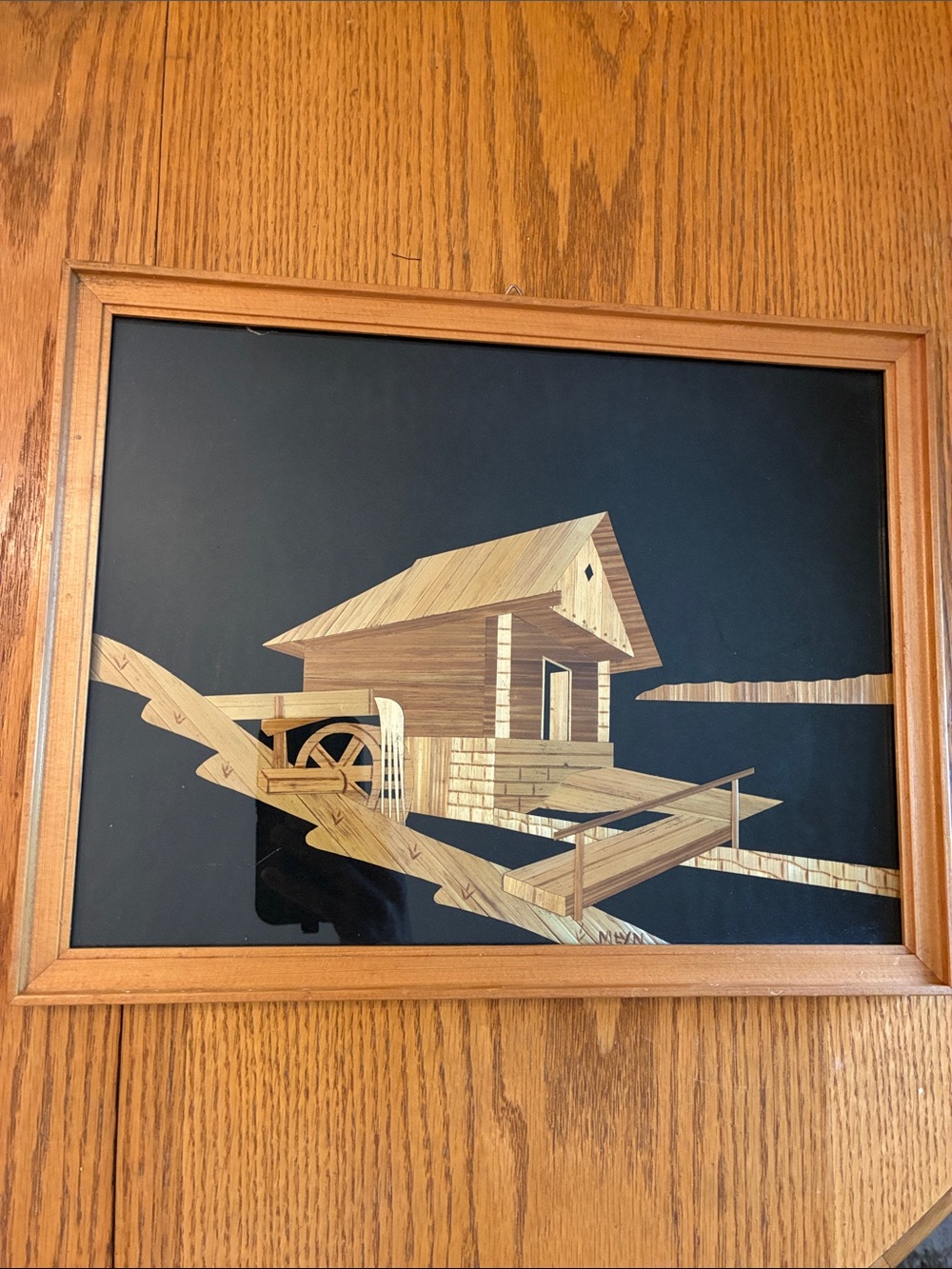 Framed Straw Marquetry Watermill Scene